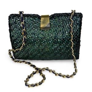 Vintage Woven Vinyl Blue Green Clutch Crossbody Statement Purse Ronora Willow